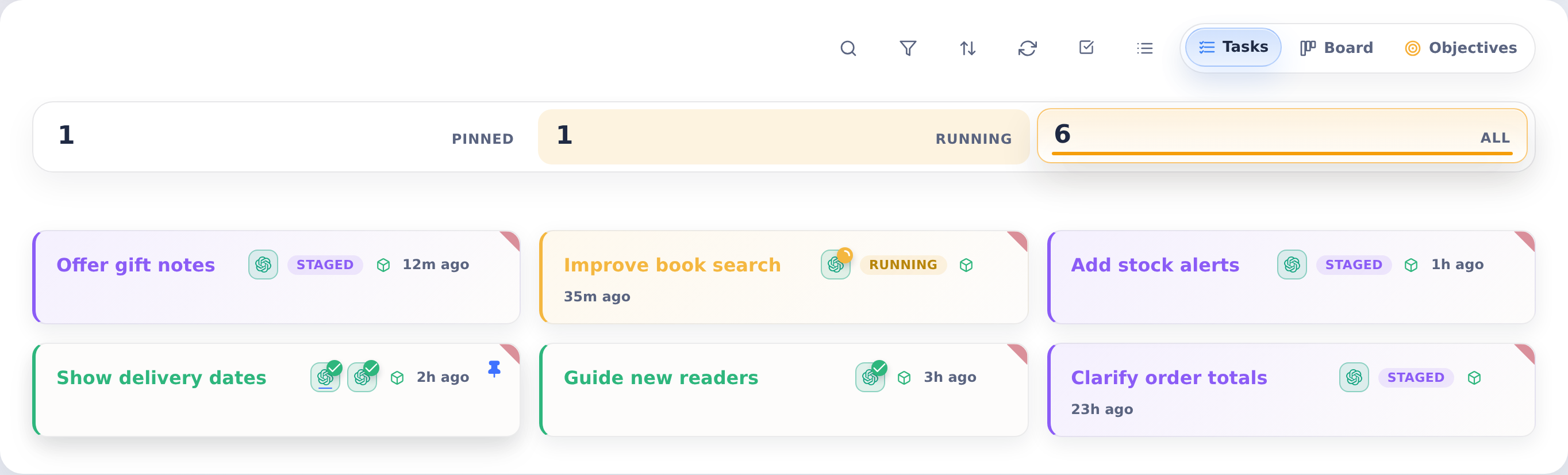 Tasks view showing staged, running and completed work for Harbor Books
