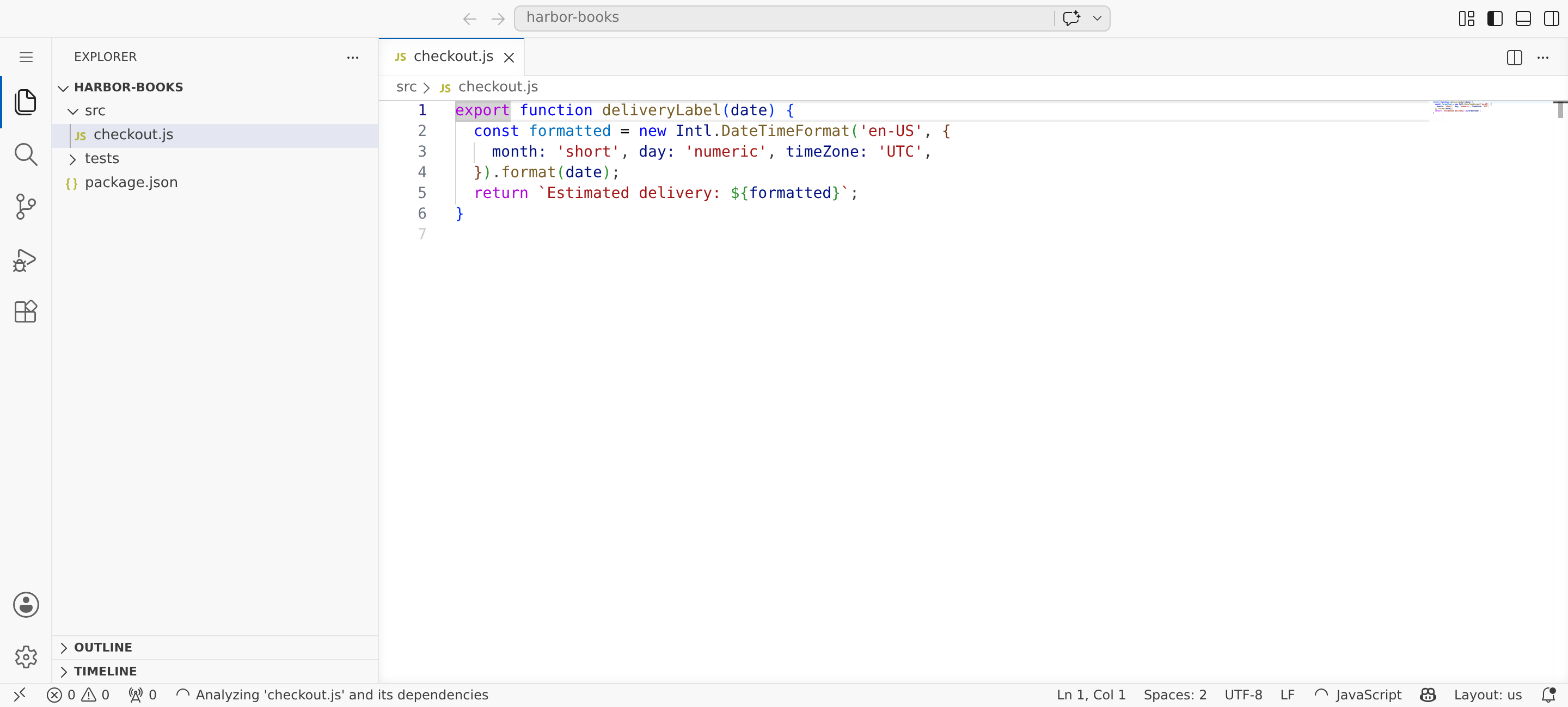 Browser VS Code workspace with the Harbor Books delivery-label source open