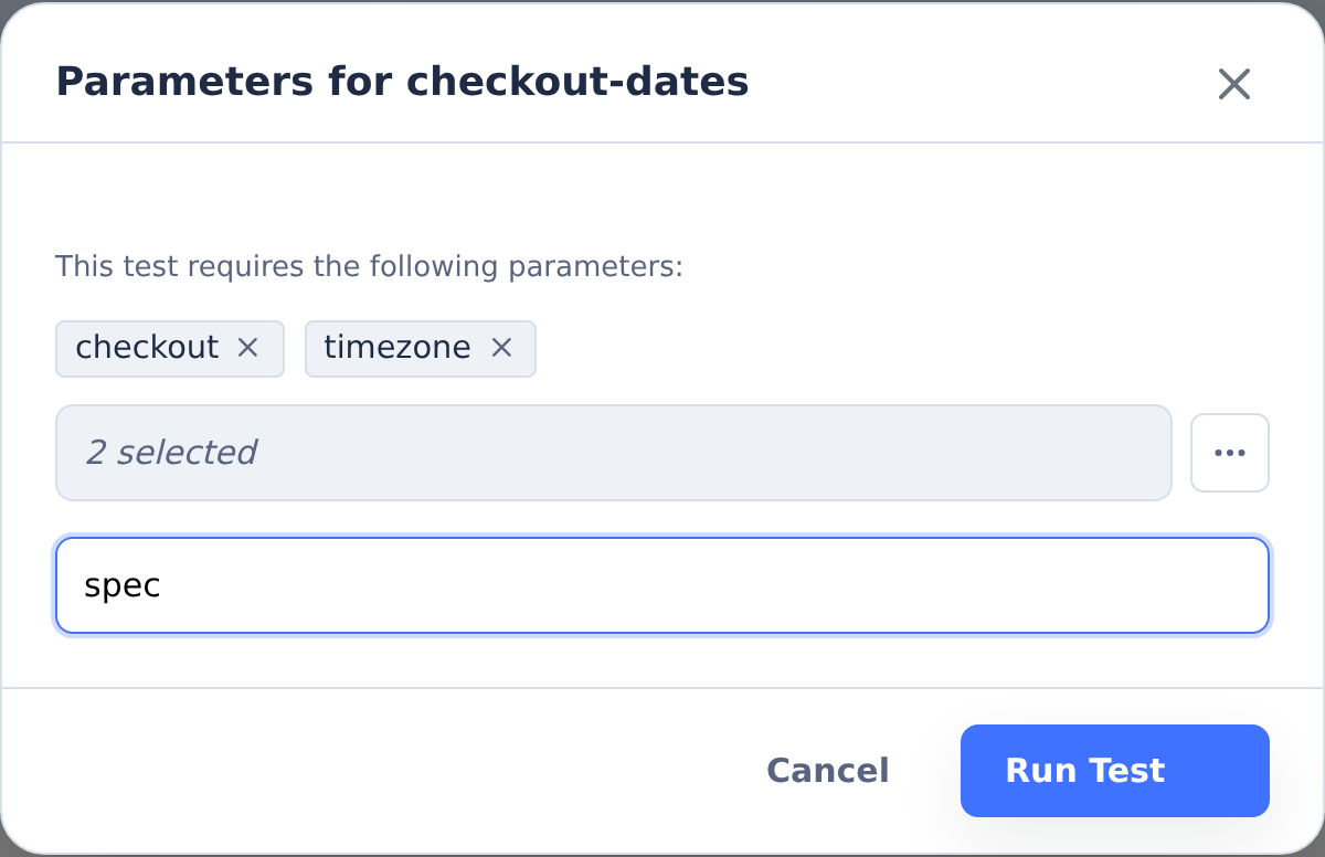 Test parameters with Checkout and UTC formatting selected and the spec reporter