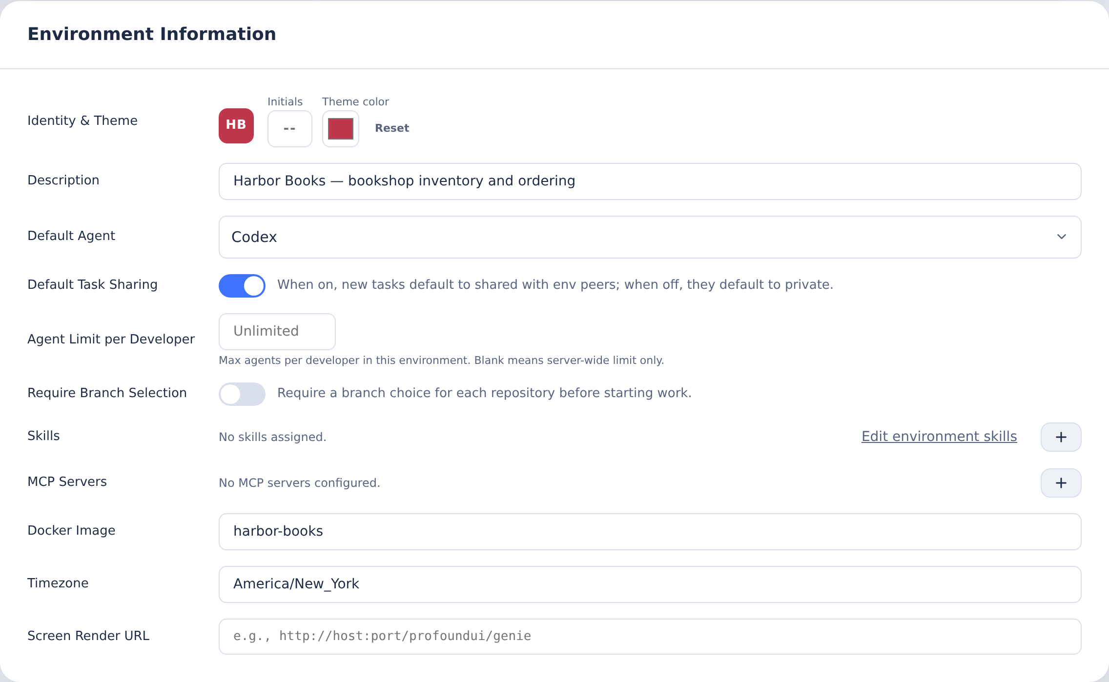 Harbor Books environment information with agent, Docker image and timezone settings
