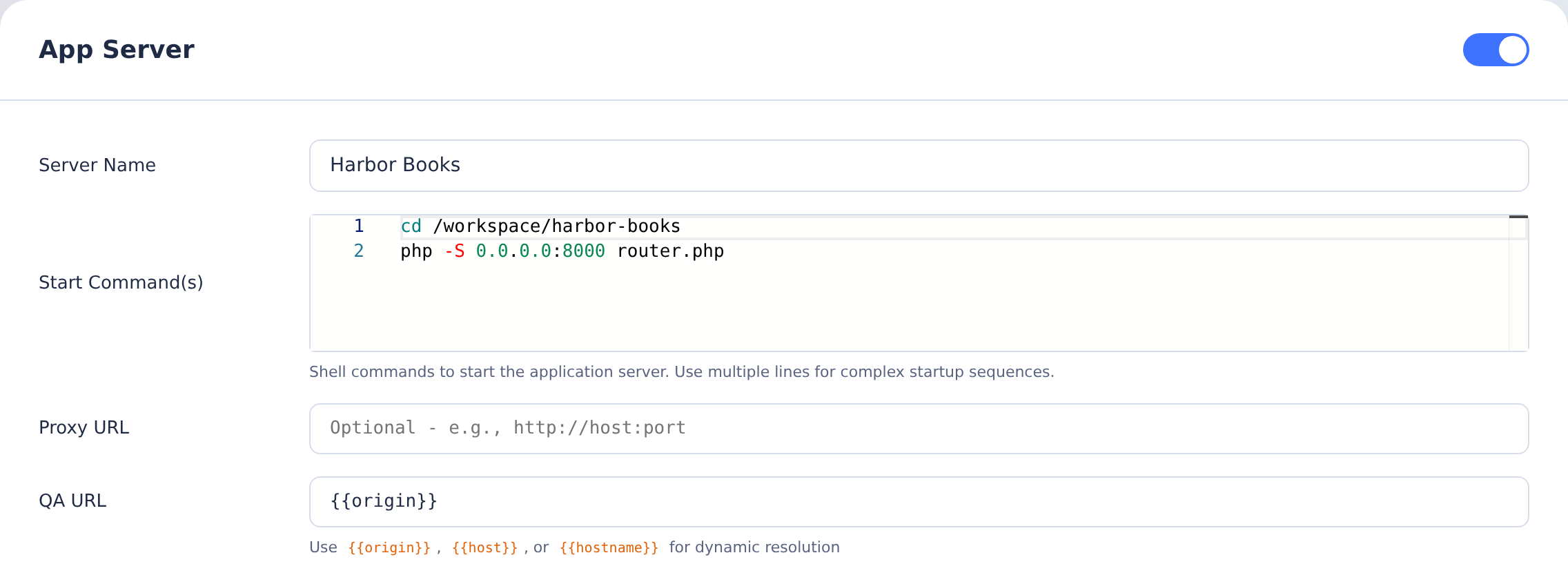 Single-origin Harbor Books App Server runs PHP on port 8000 with router.php