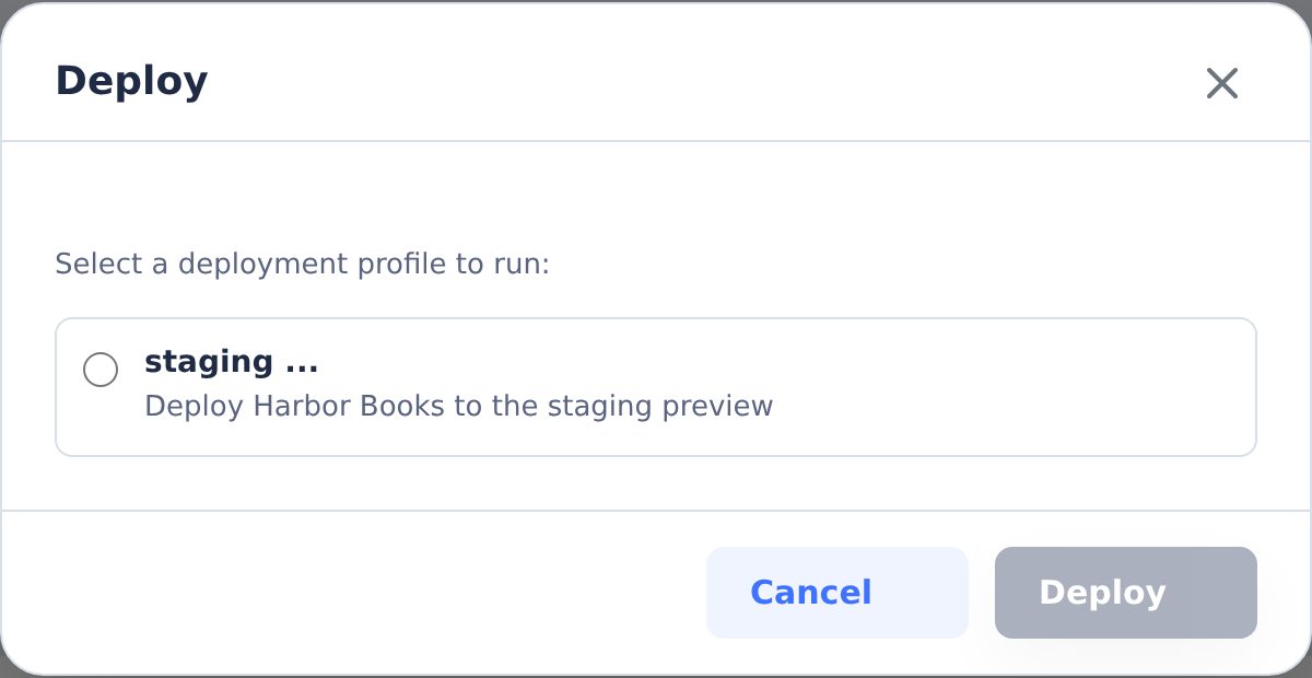 Dashboard deployment chooser listing the staging profile for Harbor Books