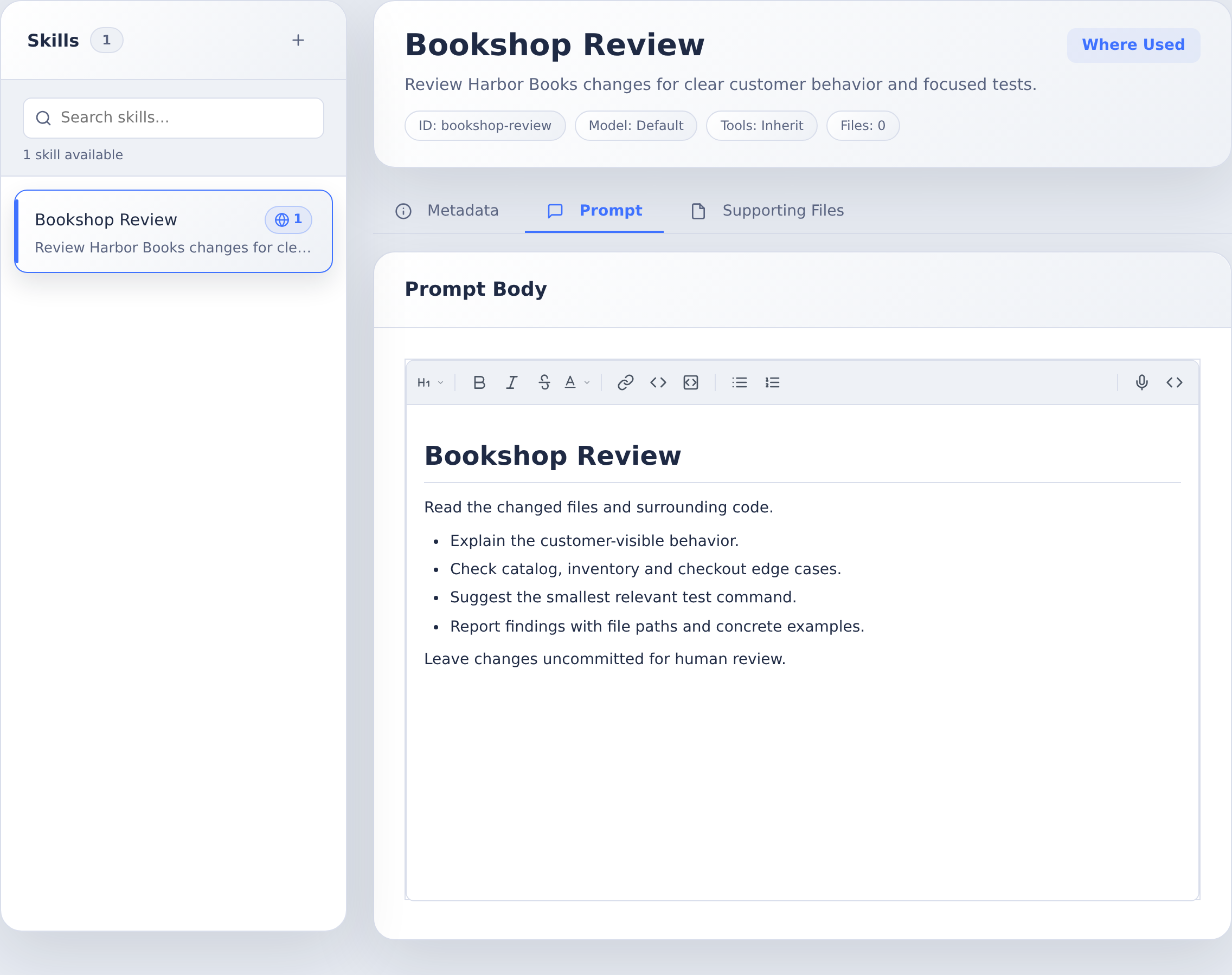 Skills list and Bookshop Review prompt editor with focused review instructions