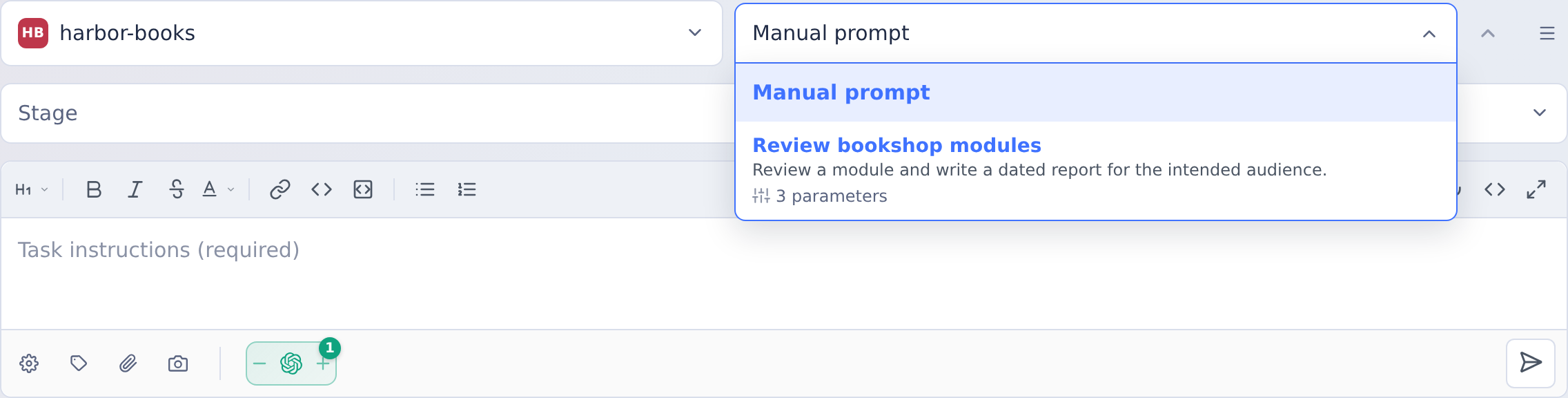 Tasks launcher with the Harbor Books template picker open