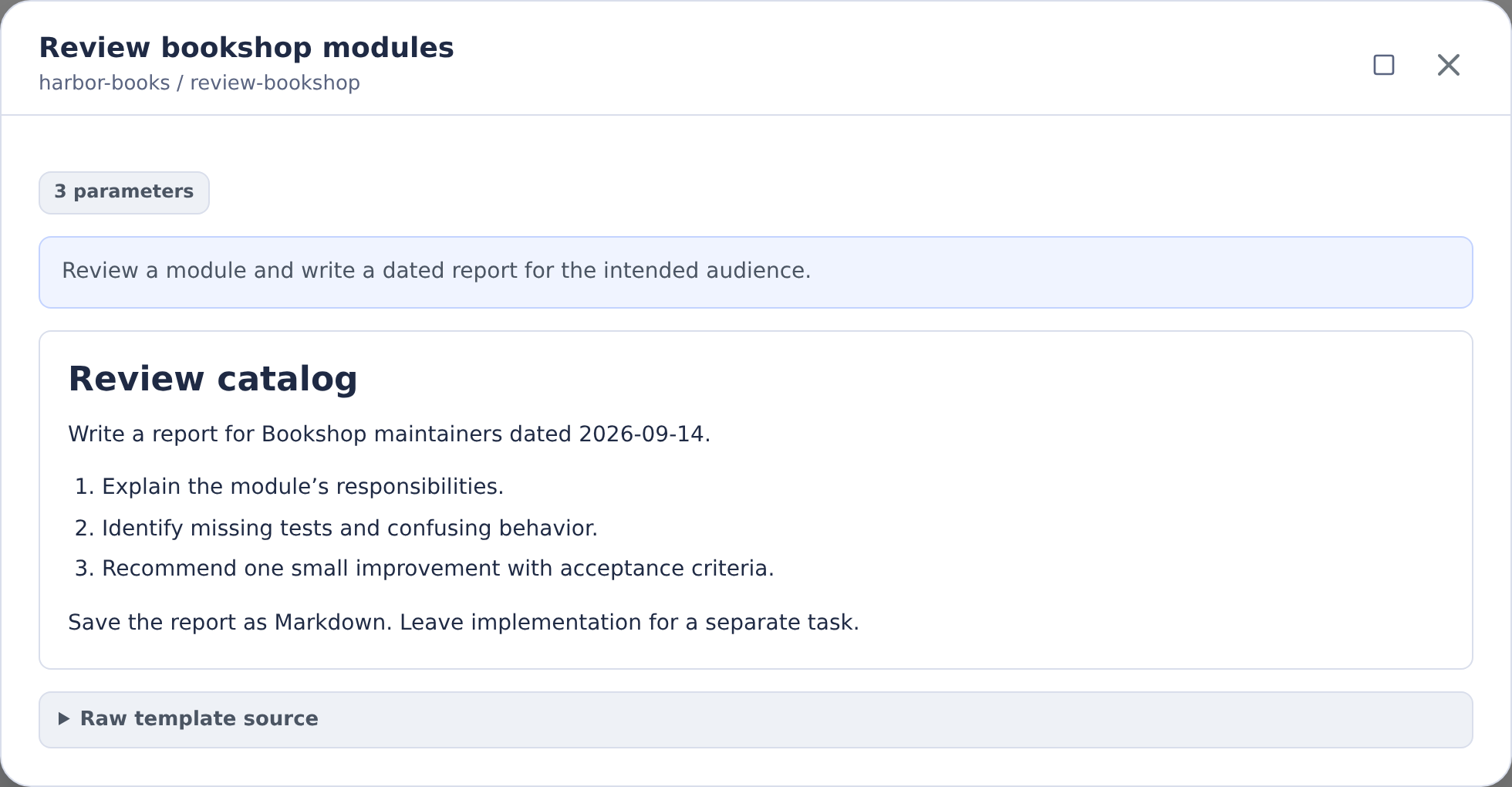 Template preview showing a dated catalog review for Bookshop maintainers
