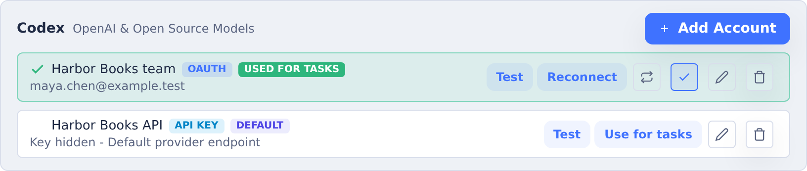 Codex accounts showing Harbor Books team used for tasks and an alternate API account