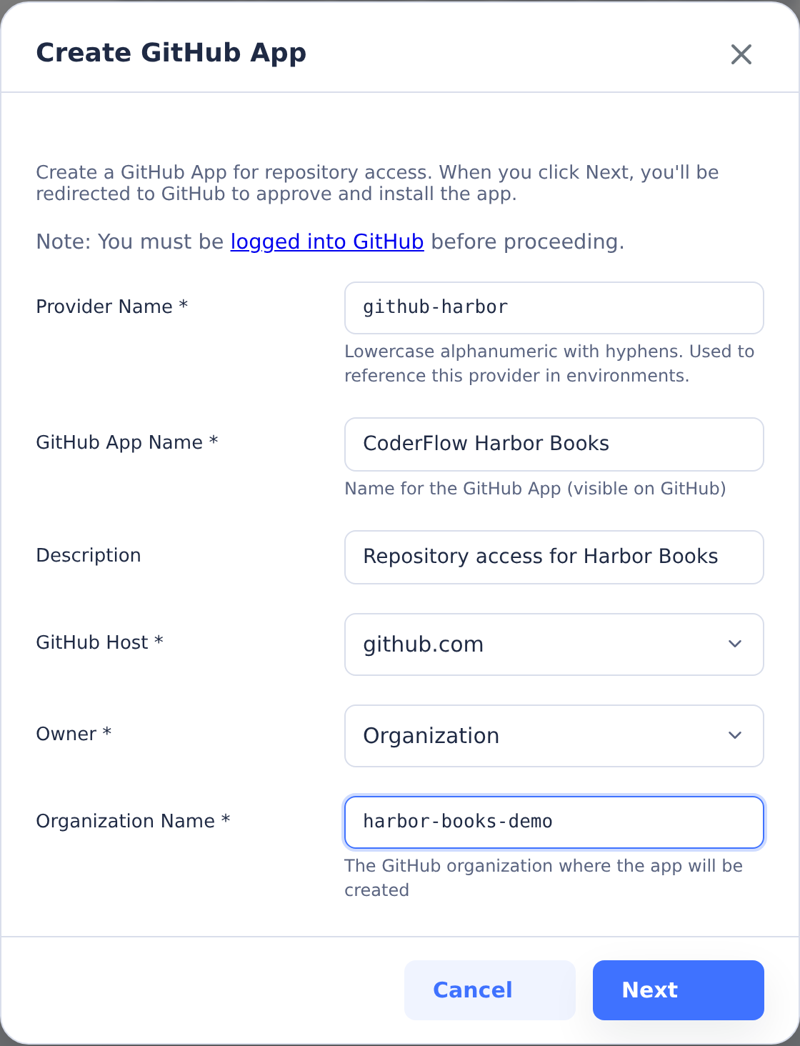 Create GitHub App wizard with Harbor Books provider, app and organization names