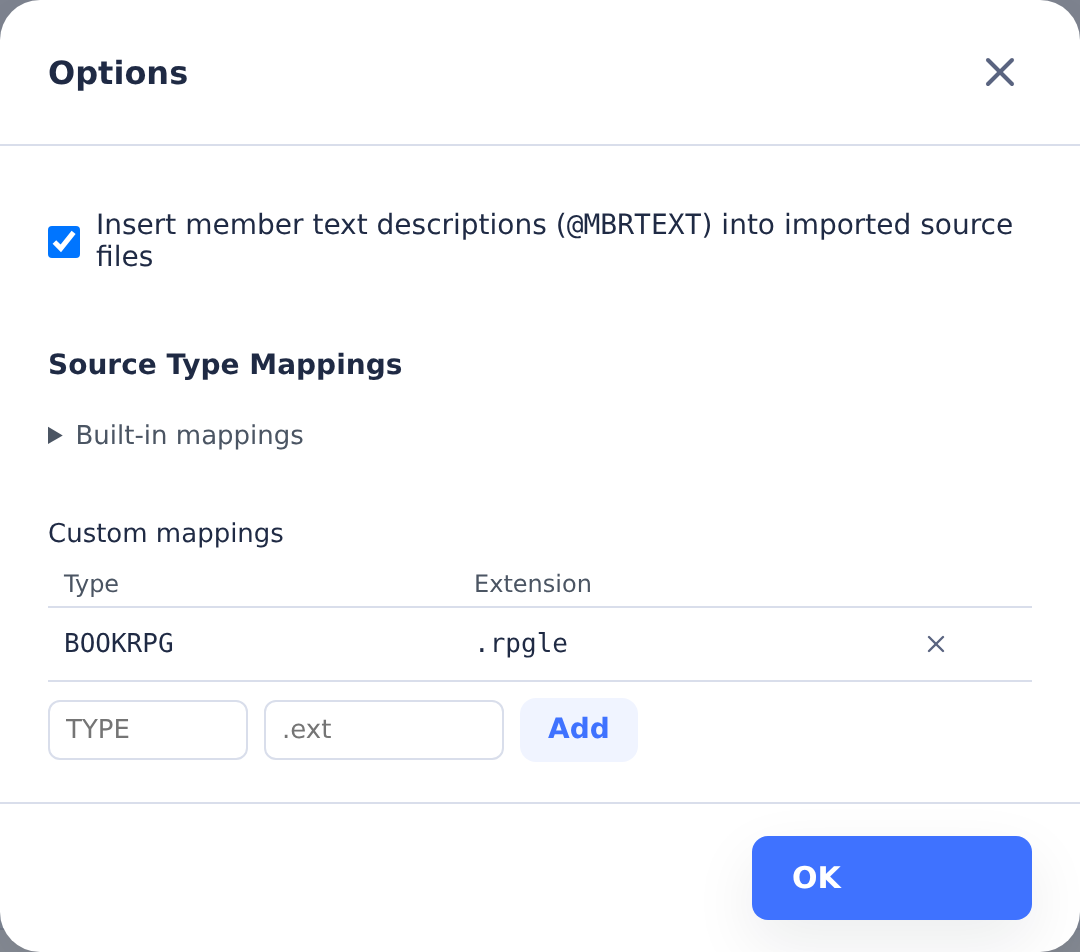 Import options with member descriptions enabled and a custom BOOKRPG to .rpgle source mapping