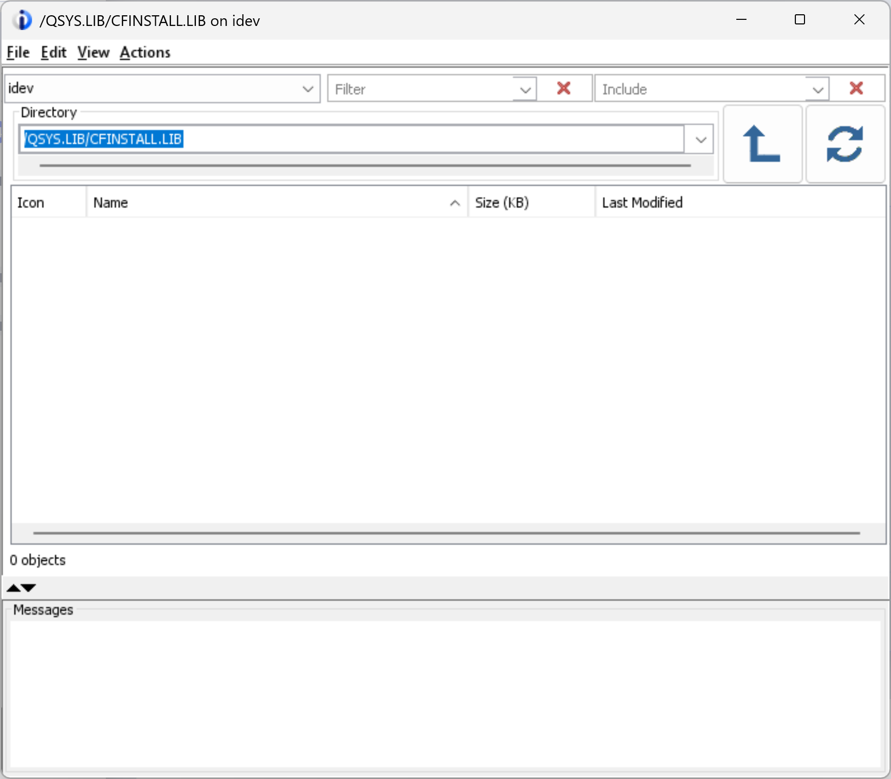 ACS Directory field showing the complete /QSYS.LIB/CFINSTALL.LIB path and an empty object list